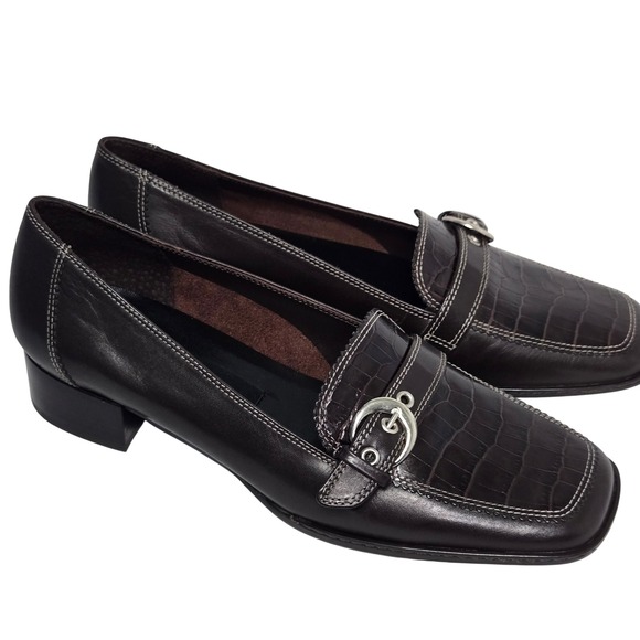 Etienne Aigner Shoes - Etienne Aigner Jules Dark Brown Leather Croc Embossed Buckle Loafers 6M